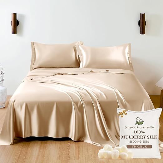 THXSILK 100% Mulberry Silk Sheet Set, 7A+ Silk Sheet Set Soft Breathable, Luxury Bedding (1 Flat Sheet, 1 Fitted Sheet, 2 Pillow Shams) Full, Champagne