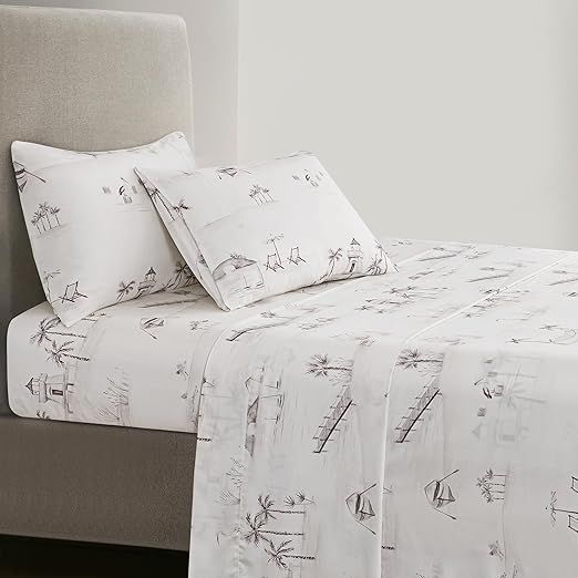 HiEnd Accents Seaside Eucalyptus 4 Piece Queen Sheet Set, Taupe Palms Hammock Paddle Boat Beach Print Coastal Bedding, Classic Chic Casual Bed Set, 1 Flat Sheet, 1 Fitted Sheet and 2 Pillowcases