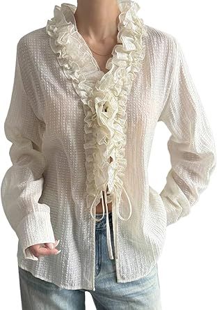 Spring Summer Loose Hollow Ruffle Trim Tie-Up Long Sleeve Blouse Womens Casual Business Fashion Tops