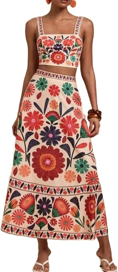 Womens Printed Skirt Outfits Floral Halter Crop Top A Line Maxi Skirt Casual Going Out Sets