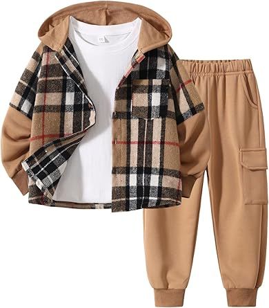 2Pcs Kids Boys Flannel Plaid Shirt Tops Pants Set Hoodie Sweatsuit for Fall Winter Spring Outfits 4-12 Years