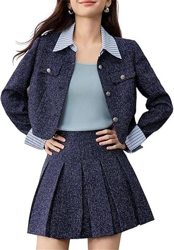 Women's Office Lady Loose Fit A Line Silhouette Stripe Single Breasted Turn Down Collar Embossed Pleated Work Skirt Set