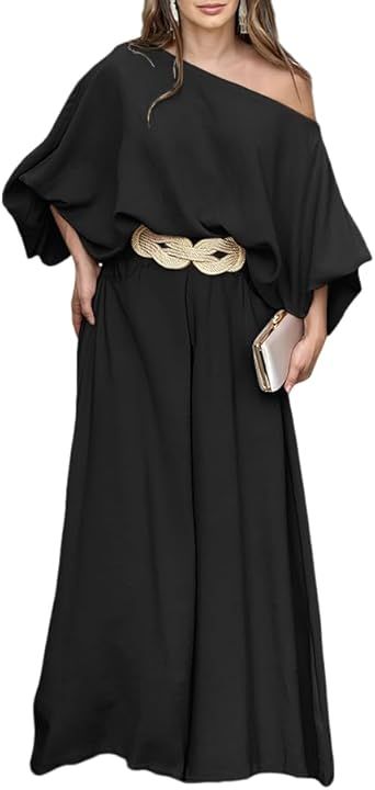 CHICME Women Summer 2 Piece Outfits Off Shoulder Lantern Sleeve Top Flowy Wide Leg Pants Set
