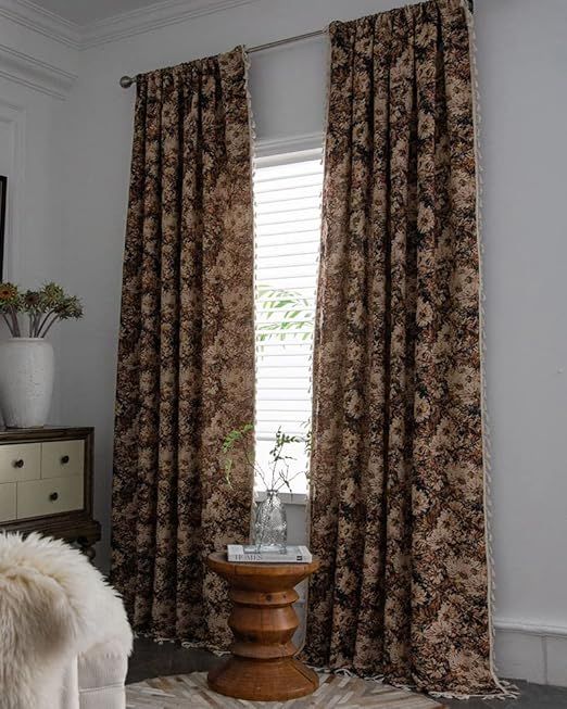 vctops Vintage Floral Oil Painting Curtains with Tassels Set of 2 Panels Rod Pocket Thermal Insulated Room Darkening Window Curtains/Drapes for Bedroom Living Room (Coffee,59"x87")