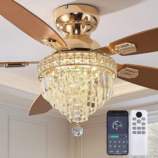 Crystal Ceiling Fan Fandelier with Lights-Ceiling Fans with Lights,54" Low Profile and Remote Control, Flush Mount, Reversible, Dimmable, Noiseless,Gold Ceiling Fan for Bedroom