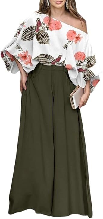 CHICME Women Summer 2 Piece Outfits Off Shoulder Lantern Sleeve Top Flowy Wide Leg Pants Set
