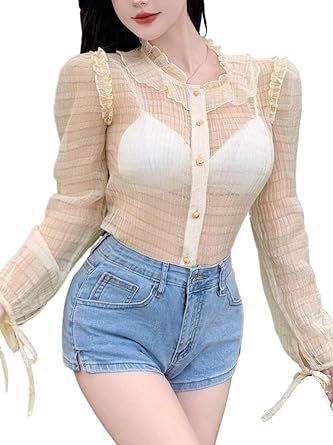 Spring Summer Casual Shirt with Lace Collar and Long Sleeve Top Womens Basic Long Sleeve Business Tops