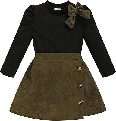 Toddler Girl Plaid Outfits Fall Winter Dress Knit Ribbed Bow Sweatshirt Tops and Button Fashion Skirts Set