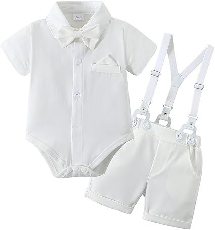 YUEMION Infant Baby Boy Clothes Gentleman Outfits Suits Summer Short Sleeve Bowtie Bodysuit Shirts + Suspender Shorts(0-24M)