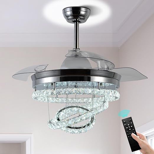 FRIXCHUR 42" Fandelier Ceiling Fan with Light Dimmable Fandelier Crystal Chandelier Retractable LED Chandelier Ceiling Fan with Remote Control Quiet Operation 6 Speed 3 Light for Living Room Bedroom