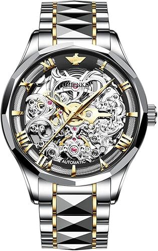 OUPINKE Gold Men Automatic Mechanical Wrist Watches Luxury Dress Tungsten Steel Luminous Waterproof Sapphire Diamond Calendar Best Gifts Men