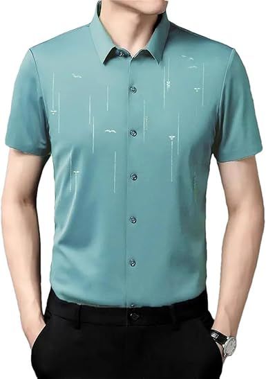 Men Summer T-Shirt Short Sleeve Solid Turn-Down Collar Striped Business Button Tops