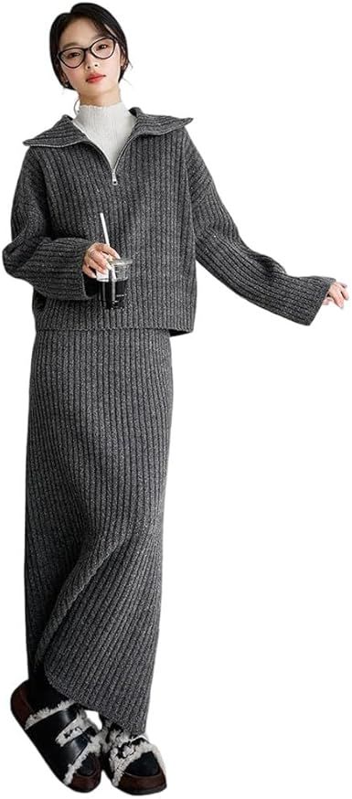 Women Skirts Knitted Half-Zipper Sweater Midi A-Line Skirts Autumn Ladies Two Piece Sets