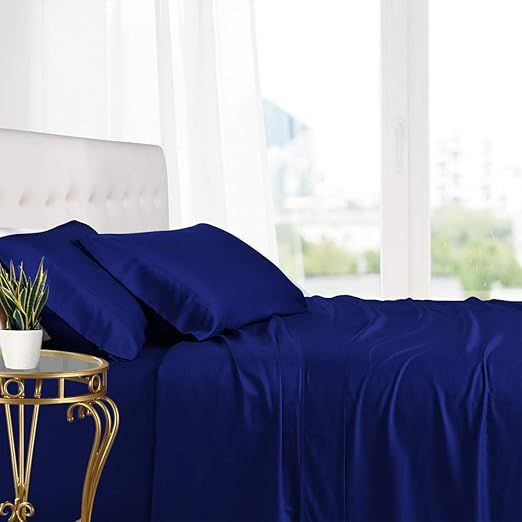 Royal Hotel Bedding 100% Natural Viscose Made from Bamboo Sheets, Soft Cooling Sheets, Breathable Hotel Sheet and Pillow Cases, 3 Piece Set - 15 Inch Deep Pocket - Twin XL - Royal-Blue