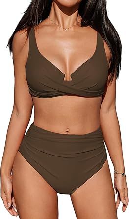 CUPSHE Women's Bikini Sets High Waisted Swimsuit Underwire Adjustable Straps Twisted Hook Full Coverage Bottom