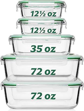 Fusion Gourmet Large Glass Food Storage Containers with Lids [5 Pack, 72 oz, 9 Cup], Airtight, Leakproof, Microwave and Oven Safe Borosilicate Glass