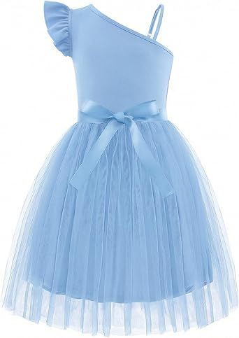 Arshiner Girls Dresses Summer One Shoulder Ruffle Sleeveless Formal Fancy Party Birthday Tulle Dress with Belted