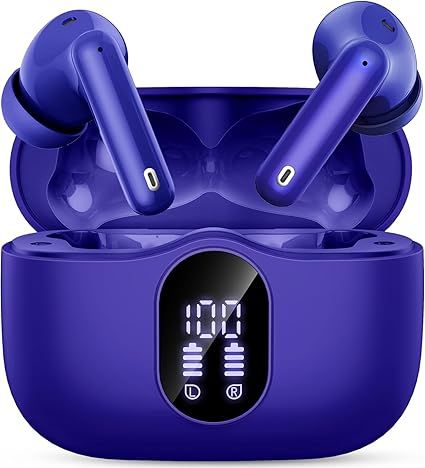 Wireless Earbuds, Bluetooth 5.4 Headphones Bass Stereo, Ear Buds with Noise Cancelling Mic, LED Display in Ear Earphones Clear Calls, IP7 Waterproof Bluetooth Earbuds for Laptop/Phones, Dark Blue