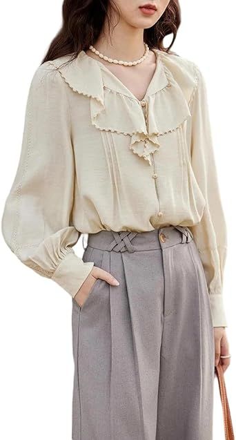 Women's Long Sleeve Dressy Casual Work Blouse Front Pleated Tunic Chiffon Shirts