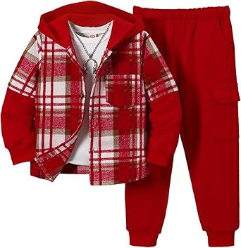 2Pcs Kids Boys Flannel Plaid Shirt Tops Pants Set Hoodie Sweatsuit for Fall Winter Spring Outfits 4-12 Years