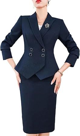 Women's Elegant Slim Fit A Line Silhouette Solid Double Breasted Blazer Casual Business Knee Length Skirt Set