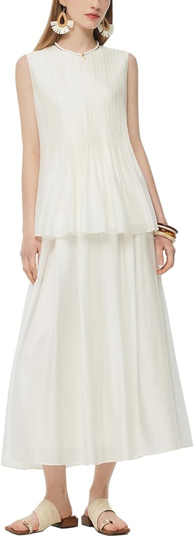 GOELIA Two Piece Skirt Set Women Summer Sets Outfits Tencel Blend Pleated Flowy Skirt and Tank Top Set for Women