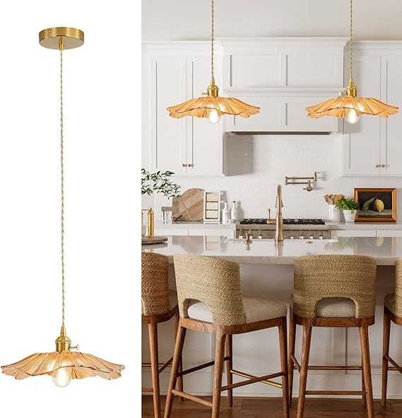Pendant Light Kitchen Island Amber Glass Hanging Light Fixture Folwer Light Vintage Pendant Lights Modern Lighting for Bedroom Kitchen Hallway Bathroom Brown Sunflower