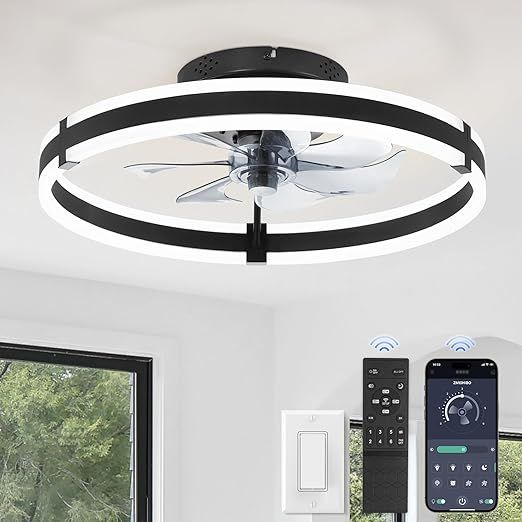 ZMISHIBO Ceiling Fans with Lights and Remote, 19.7'' Low Profile Ceiling Fan, 3000-6000K Dimmable Modern Flush Mount LED Fan Light, 6 Wind Speeds, Black Fandelier Ceiling Fans for Bedroom