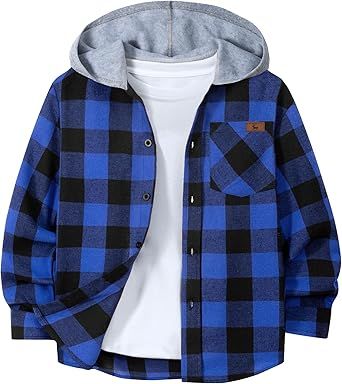 SWISSWELL Boys Long Sleeve Button-up Shirt with Hood Unisex Kids Cotton Plaid Hoodie Flannel Fall Shirts for 6-15 Years