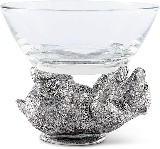 Vagabond House Dip/Nut/Sauce/Condiment Glass Serving Bowl with Solid Pewter Bear Playing Base/Nut Bowl 6 inch Diameter