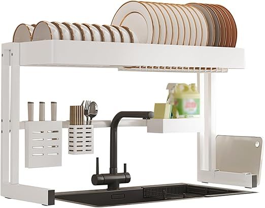 Large Dish Drainer Drying Rack, Over The Sink Dish Rack, Kitchen Dish Rack with Utensil Holder for Dishes, Glasses, Bowls and Cutlery(White,95x30x54cm)
