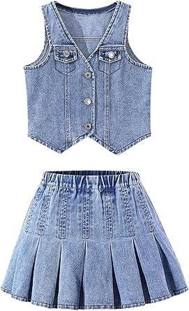 MakeMeChic Girl's Y2K Two Piece Cute Outfits Denim Jeans Sleeveless Button Down Vest and Pleated Mini Skirt Set 8-12 Years