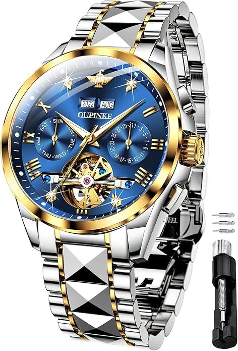 OUPINKE Gold Men Automatic Mechanical Wrist Watches Luxury Dress Tungsten Steel Luminous Waterproof Sapphire Diamond Calendar Best Gifts Men