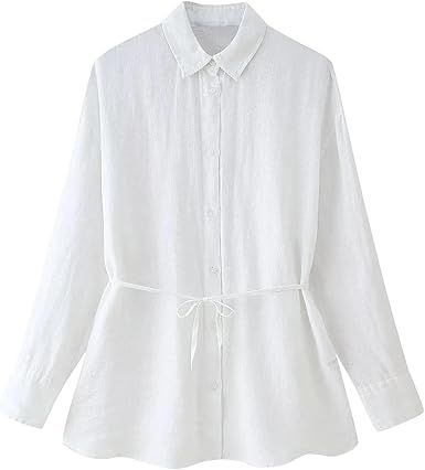 Women's Lapel Collar Long Sleeve Linen Shirt with Belt Button Down Casual Blouse Top