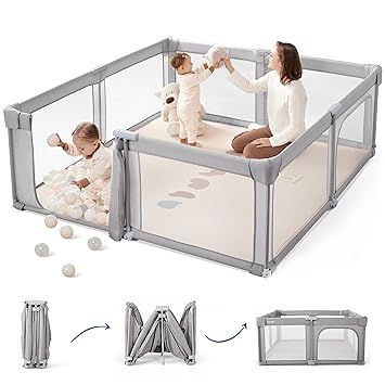 Sweeby Baby Playpen, 59x59 Inch Baby Gate Foldable Playpens for Babies and Toddlers, Extra Large Playpen with Door Play Yard for Kids Fence Indoor and Outdoor Play Pen, Gray