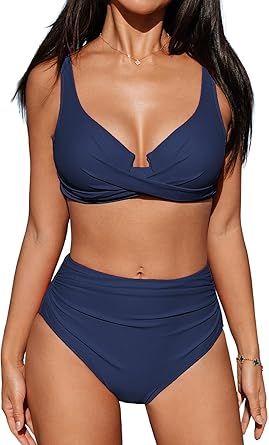CUPSHE Women's Bikini Sets High Waisted Swimsuit Underwire Adjustable Straps Twisted Hook Full Coverage Bottom