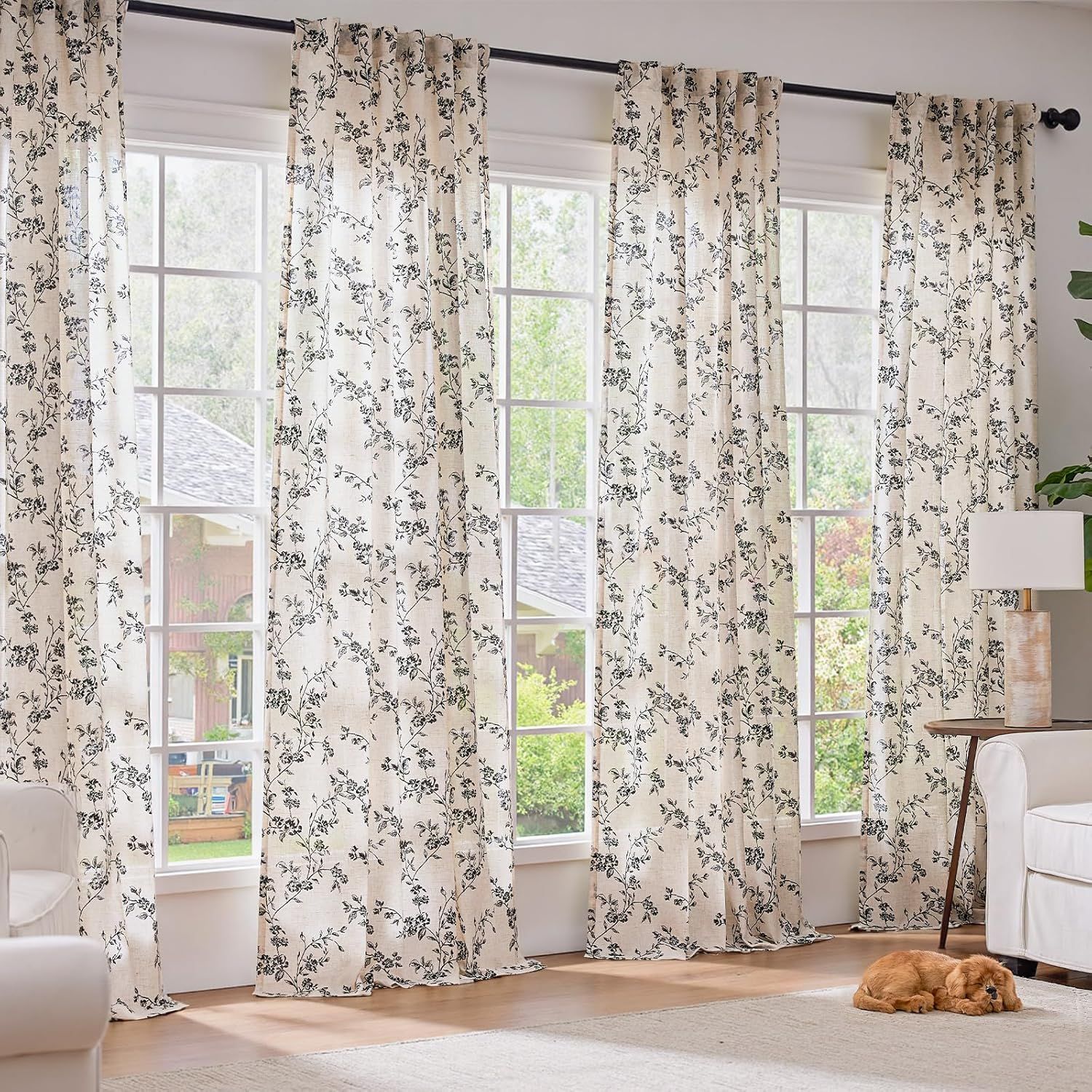 Lazzzy Farmhouse Linen Curtains Black Floral Curtains 96 Inch Length Back Tab Drapes for Living Room Bedroom Light Filtering Country Vintage Rod Pocket, 2 Panels, Black on Beige
