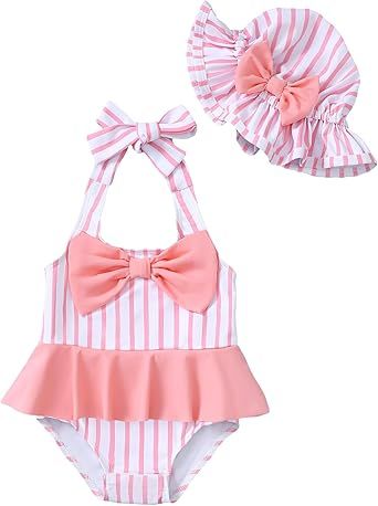 Kucnuzki Baby Girl Swimsuit Newborn One Piece Bathing Suit Bow Tie Bikini Tankini Infant Swimwear with Hat