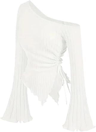 Women's Spring and Summer Solid Color Off-Shoulder Cross Long Sleeve Slim Street Asymmetrical Elegant Bell Sleeve Top