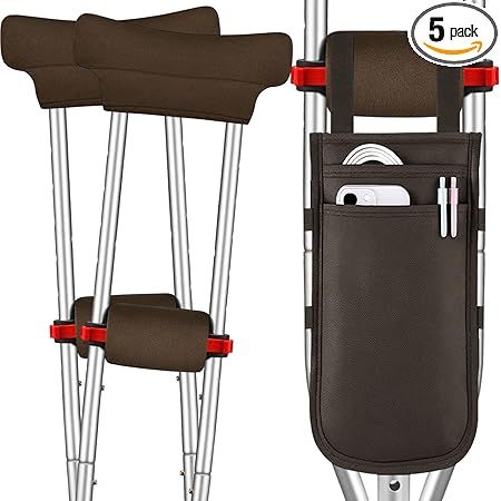 5 Pcs Crutch Pads,Bag,Hand Grips Underarm Crutches Padding Cover for Adults Armpit Padding, Hand Grips, Pouch, Lightweight Accessories for Adult Youth Walking(Brown)