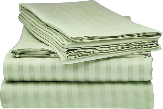True Luxury Pure Heavy Rich Supima ELS Cotton 4-Piece Bed Sheets Set Full Size Fits mattresses Upto 30-34” deep Pocket – Sateen Weave (Stripe, Sage Green)
