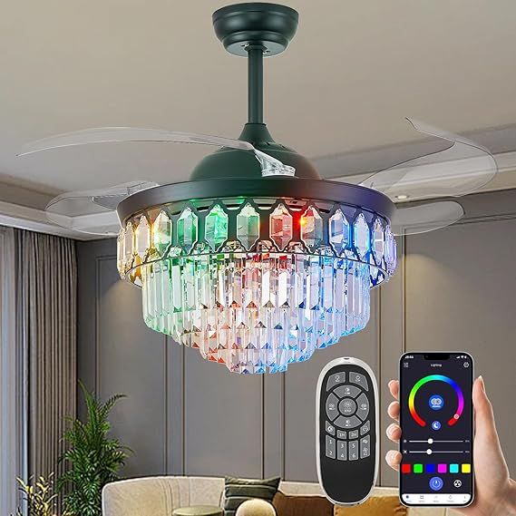 36" RGB Ceiling Fan with Light and Music Player,Bluetooth Retractable Blades Crystal Fandelier Speaker LED Chandelier 6-Speed APP Control Quiet Motor Remote Control for Bedroom Black