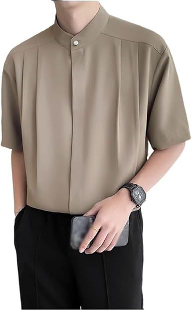 Khaki Color Chinese Standing Collar Men's Shirt Short Sleeved Clothing 7/4 Medium Collarless