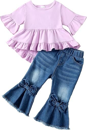 Kucnuzki Toddler Baby Girls Clothes Long Sleeve Shirt Top Flare Denim Jeans Cute Outfit Baby Girl Fall Winter Clothes