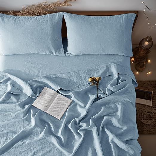 LBRO2M 100% Linen Sheet Set Twin XL Size,Bed Sheets 3 Piece Sets,Solid Color Natural Flax Bed Sheets Soft Breathable Bedding,16" Deep Pocket,All Season (Twin XL, Dusty Blue)
