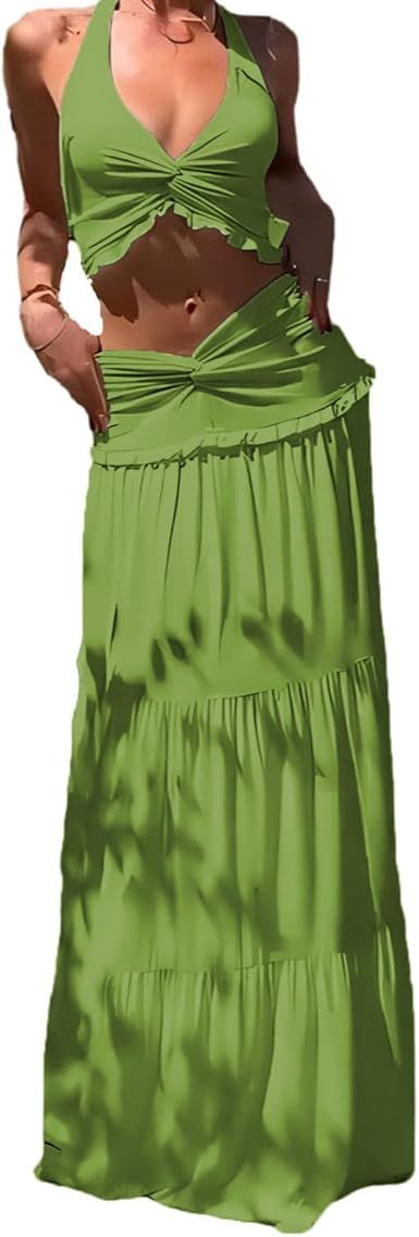 Wuitrie Maxi Skirt Set Women 2 Piece Outfits Sleeveless Strap Top Maxi Skirt Solid Going Out Vacation Two Piece Skirt Set