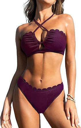 CUPSHE Women's Bikini Sets Adjustable Halter Strappy Swimsuit Crisscross Cutout Scalloped Mid Rise