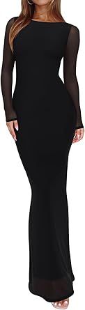 REORIA Women's Spring Mesh Sheer Long Sleeve Wedding Guest Dress Sexy Floral Bodycon Maxi Long Dresses
