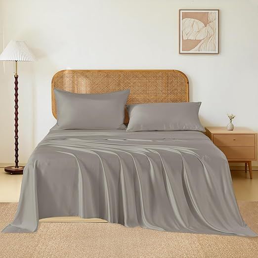 THXSILK Luxury Mulberry Silk Bed Sheets Set - 4pcs Silk Sheets Set 16" Deep Pocket - 1 Fitted Sheet, 1 Flat Sheet, 2 Pillowcases with Zipper Closure - Full, Grey