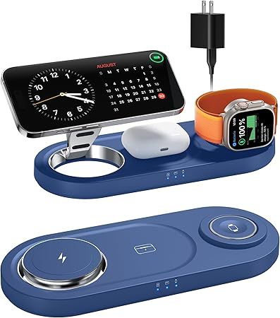 Upgraded 3 in 1 Wireless Charging Station for Apple Devices, Faster Mag-Safe Charger Stand, Magnetic Charger Station for iPhone 17/16/15/14/13/12 & AirPods Pro & Apple Watch Series (Sapphire Blue)